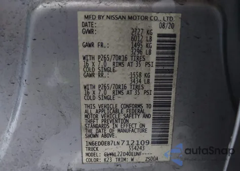 2020 Nissan Frontier Sv 4X4 from USA, damaged, VIN 1N6ED0EB7LN712109